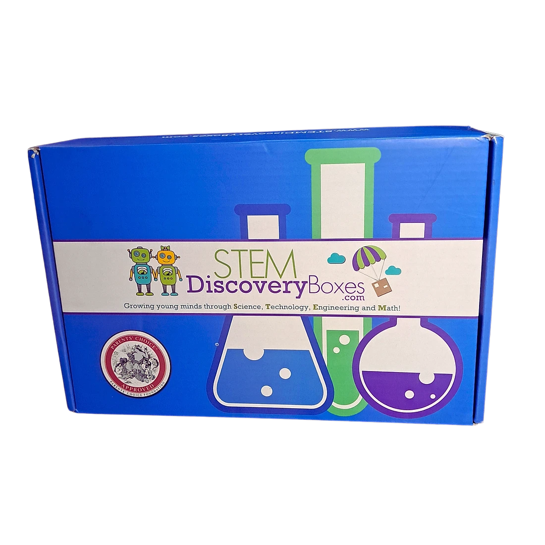 A real STEM Discovery Box shown from the front, ready to open