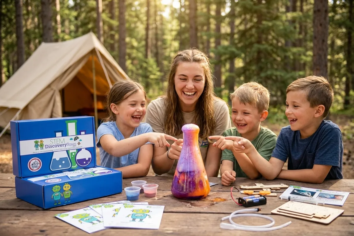 A camp counselor and a group of kids laughing around a picnic table at a wooded campsite as a colorful science reaction fizzes in a flask, with an open blue STEM Discovery Box and its supplies on the table
