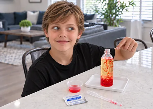 A boy watching a glowing lava lamp science project he built from a STEM Discovery Box