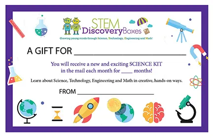 The free printable STEM Discovery Boxes gift note, to hand over before the first box arrives