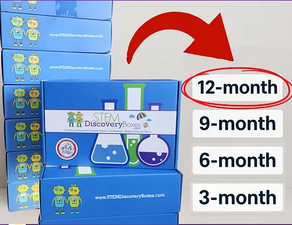 A stack of blue STEM Discovery Boxes beside 12-month, 9-month, 6-month and 3-month options, with 12-month circled in red.