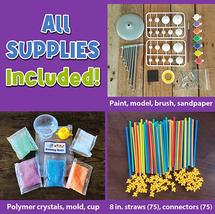A graphic headed "All supplies included!" showing three panels of pre-portioned supplies: paint, model, brush and sandpaper; polymer crystals, mold and cup; and 75 straws with 75 connectors