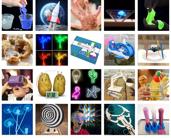 A grid of finished STEM Discovery Boxes projects including a rocket, a neon sign, an optical illusion and a motorised whale