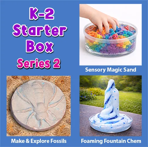 K-2 Starter Box Series 2: sensory magic sand, a fossil casting and a foaming fountain