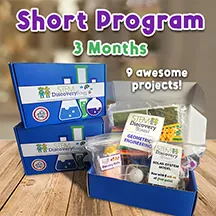 Stacked blue STEM Discovery Boxes, lettered Short Program, 3 months, 9 awesome projects