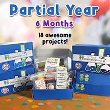Stacked blue STEM Discovery Boxes, lettered Partial Year, 6 months, 18 awesome projects