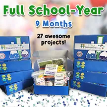 Stacked blue STEM Discovery Boxes, lettered Full School-Year, 9 months, 27 awesome projects