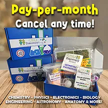 Stacked blue STEM Discovery Boxes, lettered Pay-per-month, cancel any time