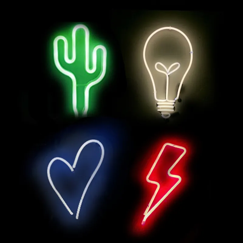 Four glowing EL wire designs on black: a green cactus, a white light bulb, a blue heart and a red lightning bolt