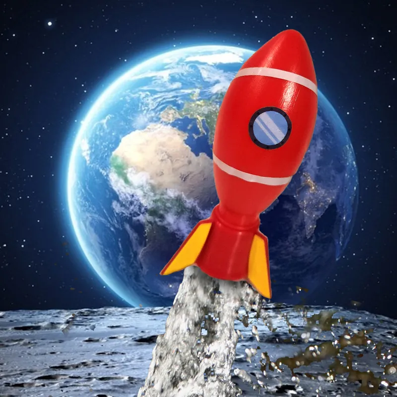 A red rocket lifting off on a plume of foam, with the Earth behind it