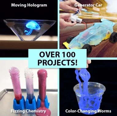 Four finished STEM Discovery Boxes projects, a moving hologram, a generator car, fizzing chemistry and color-changing worms, captioned Over 100 Projects