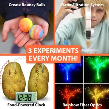 Four finished STEM Discovery Boxes projects, bouncy balls, a water filtration system, a food-powered clock and rainbow fiber optics, captioned 3 Experiments Every Month