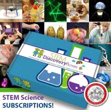 A STEM Discovery Boxes collage: a blue subscription box ringed by finished projects including a hologram, a potato clock and fiber optics, captioned STEM Science Subscriptions, with an award seal