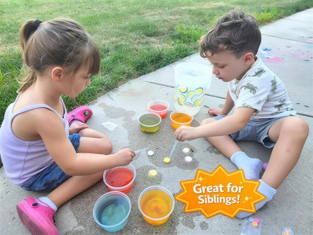 Two children with colorful cups outdoors, from a STEM Discovery Box hands-on activity
