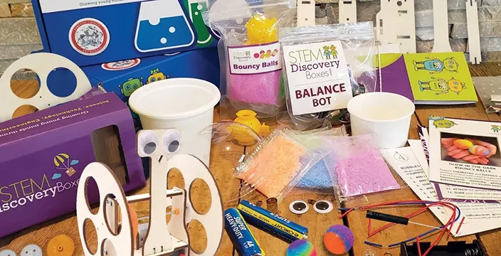 The contents of a STEM Discovery Box laid out, all supplies included
